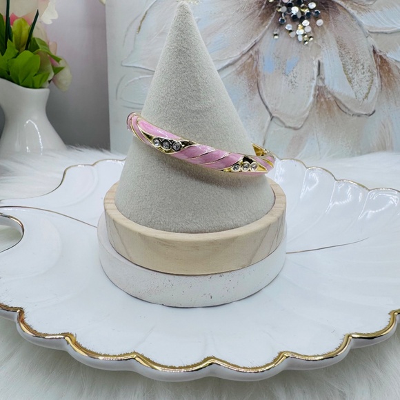 Pink Enamel Cloisonne Bracelet Bangle w/ Rhinestones - Picture 3 of 9